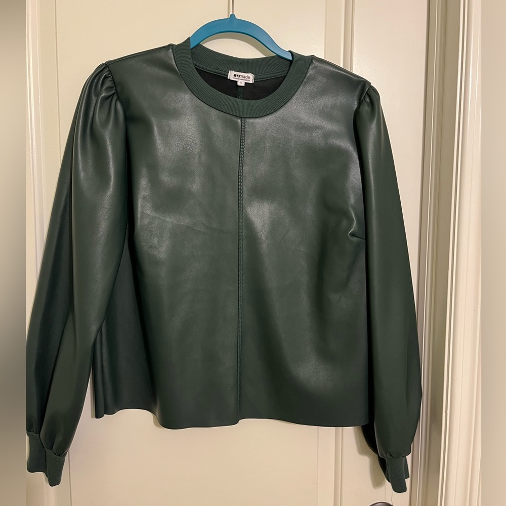 LA Made Faux leather top. Hunter green. Gathered shoulders.